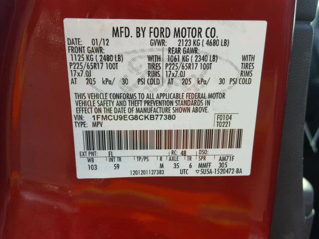 1FMCU9EG8CKB77380 - 2012 FORD ESCAPE LIM RED photo 10