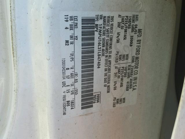 1FMPU16L31LB47404 - 2001 FORD EXPEDITION WHITE photo 10