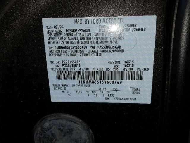 1LNHM86S15Y600769 - 2005 LINCOLN LS GRAY photo 10