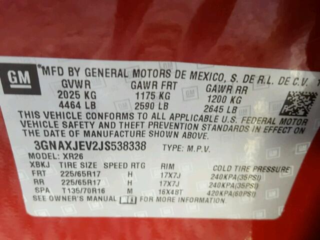 3GNAXJEV2JS538338 - 2018 CHEVROLET EQUINOX LT RED photo 10