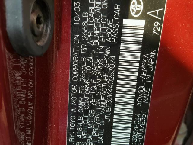 JTDBE32K440263074 - 2004 TOYOTA CAMRY LE წითელი ფოტო 10