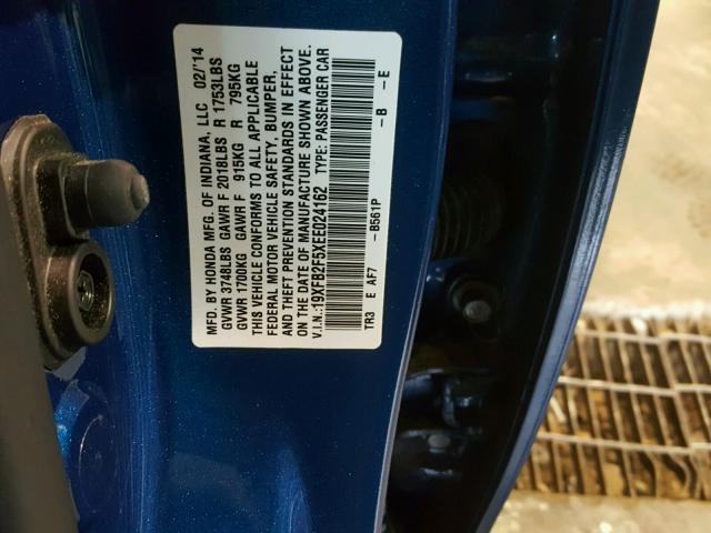 19XFB2F5XEE024162 - 2014 HONDA CIVIC LX BLUE photo 10