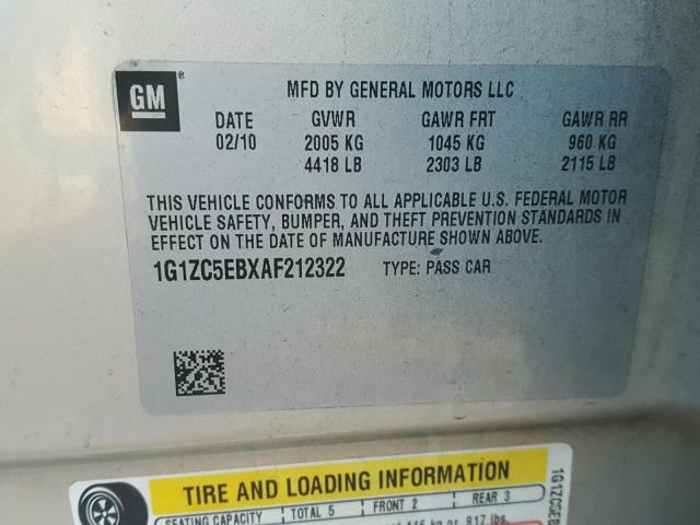 1G1ZC5EBXAF212322 - 2010 CHEVROLET MALIBU 1LT 金色 照片 10