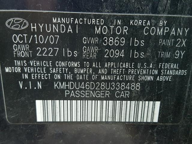 KMHDU46D28U338488 - 2008 HYUNDAI ELANTRA GL BLUE photo 10