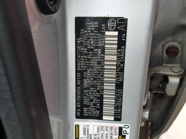 2T1BY32E35C330918 - 2005 TOYOTA COROLLA XR 银色 照片 10