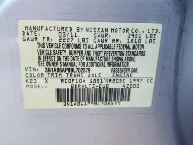 3N1AB6AP9BL702579 - 2011 NISSAN SENTRA 2.0 SILVER photo 10