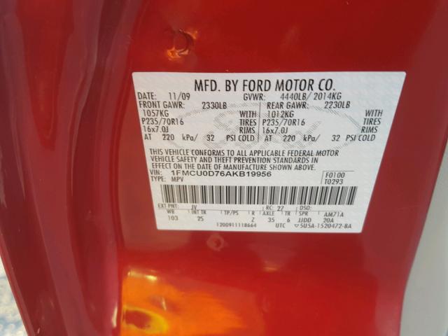 1FMCU0D76AKB19956 - 2010 FORD ESCAPE XLT RED photo 10