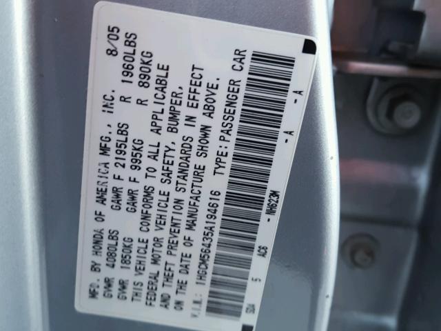 1HGCM56435A194616 - 2005 HONDA ACCORD LX SILVER photo 10