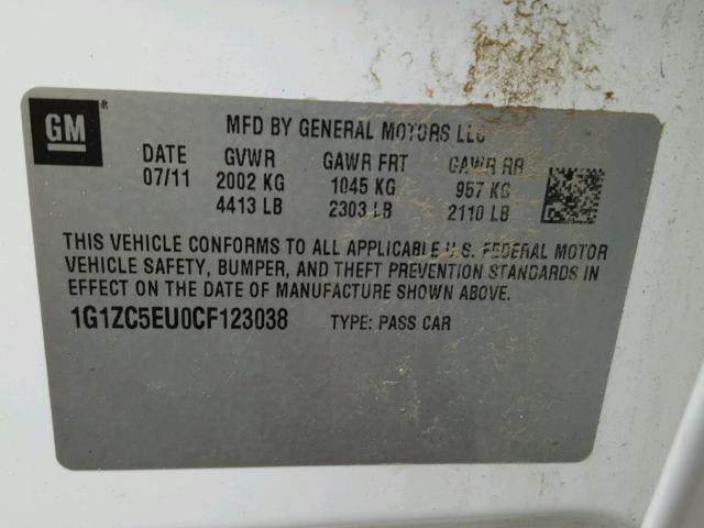 1G1ZC5EU0CF123038 - 2012 CHEVROLET MALIBU 1LT WHITE photo 10