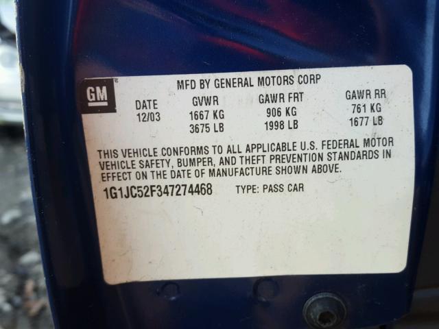 1G1JC52F347274468 - 2004 CHEVROLET CAVALIER BLUE photo 10