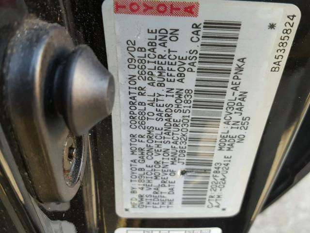 JTDBE32K030151838 - 2003 TOYOTA CAMRY LE BLACK photo 10