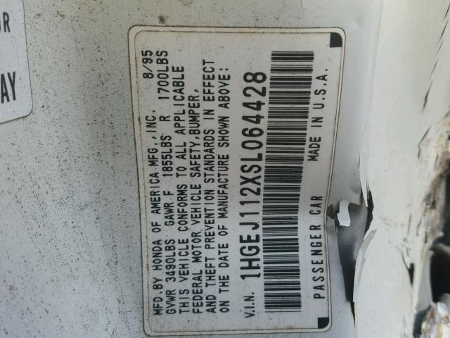 1HGEJ112XSL064428 - 1995 HONDA CIVIC EX თეთრი ფოტო 10