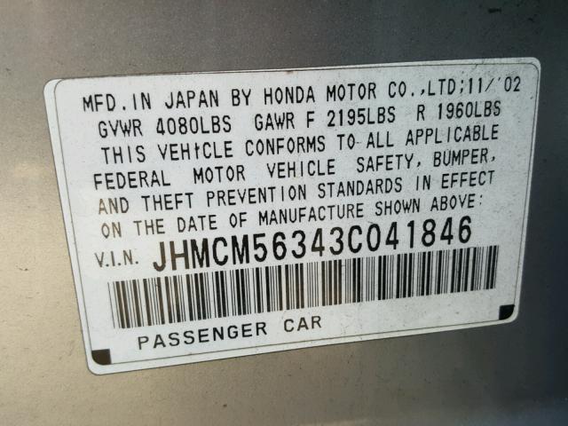 JHMCM56343C041846 - 2003 HONDA ACCORD LX SILVER photo 10