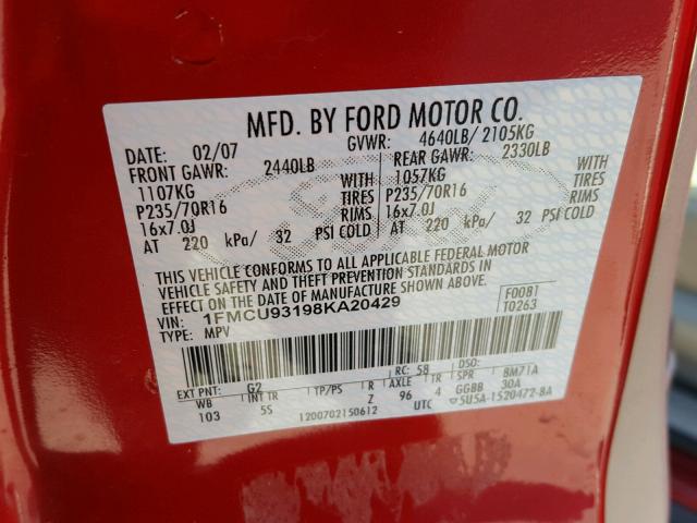 1FMCU93198KA20429 - 2008 FORD ESCAPE XLT RED photo 10