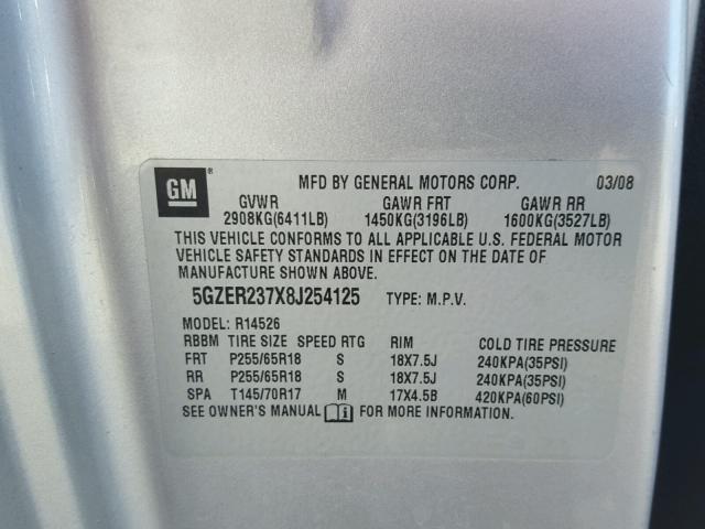 5GZER237X8J254125 - 2008 SATURN OUTLOOK XR ვერცხლისფერი ფოტო 10