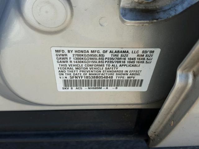 5FNYF18538B054848 - 2008 HONDA PILOT EXL SILVER photo 10