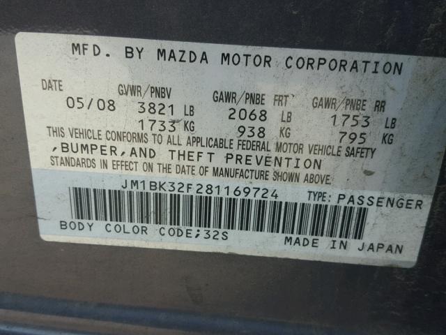 JM1BK32F281169724 - 2008 MAZDA 3 I GRAY photo 10