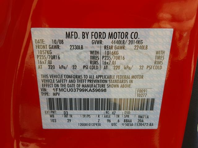 1FMCU03799KA59698 - 2009 FORD ESCAPE XLT RED photo 10