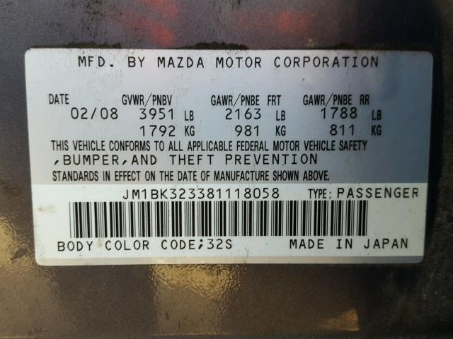 JM1BK323381118058 - 2008 MAZDA 3 S GRAY photo 10