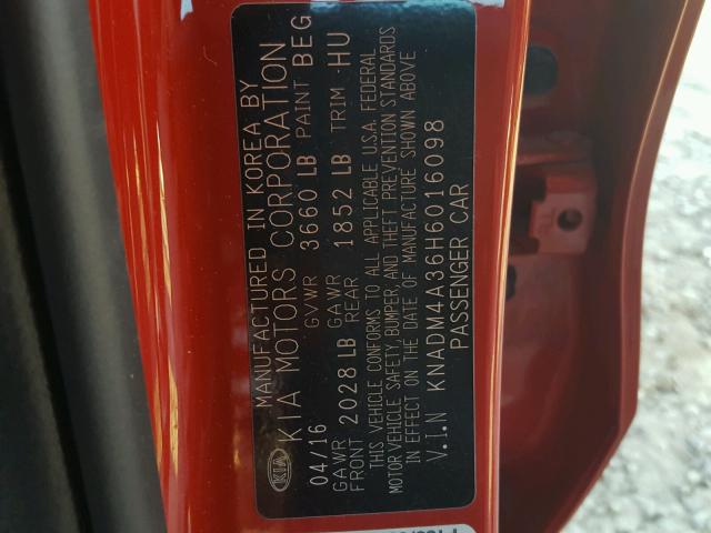 KNADM4A36H6016098 - 2017 KIA RIO LX RED photo 10