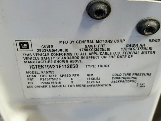 1GTEK19V21E112050 - 2001 GMC NEW SIERRA WHITE photo 10