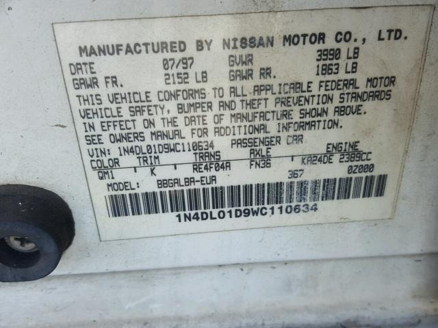 1N4DL01D9WC110634 - 1998 NISSAN ALTIMA XE WHITE photo 10