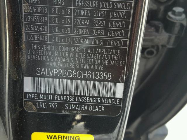 SALVP2BG8CH613358 - 2012 LAND ROVER RANGE ROVE BLACK photo 10