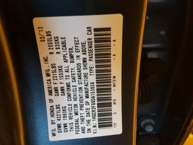 1HGCR2F86DA153608 - 2013 HONDA ACCORD EXL GRAY photo 10