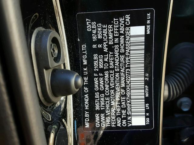 SHHFK7H9XHU422773 - 2017 HONDA CIVIC SPOR BLACK photo 10