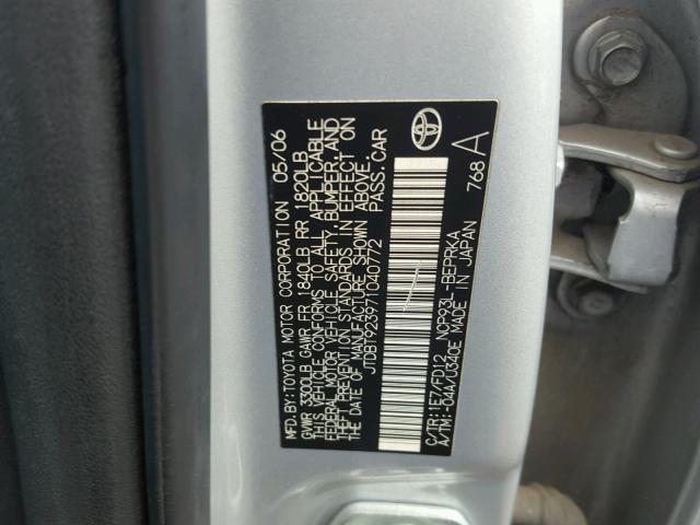 JTDBT923971040772 - 2007 TOYOTA YARIS SILVER photo 10