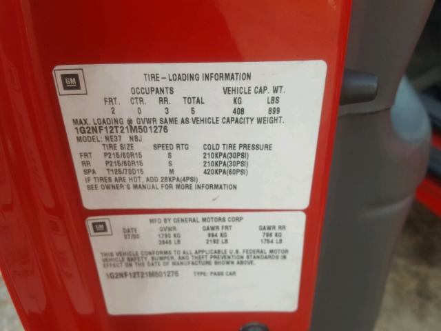 1G2NF12T21M501276 - 2001 PONTIAC GRAND AM S 红色 照片 10