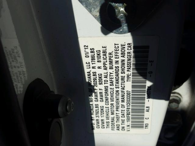 19XFB2F81CE033307 - 2012 HONDA CIVIC EX WHITE photo 10