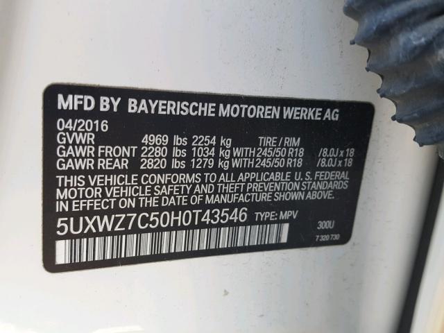5UXWZ7C50H0T43546 - 2017 BMW X3 SDRIVE2 WHITE photo 10