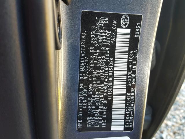 4T1BK3DB6CU454388 - 2012 TOYOTA AVALON BAS GRAY photo 10