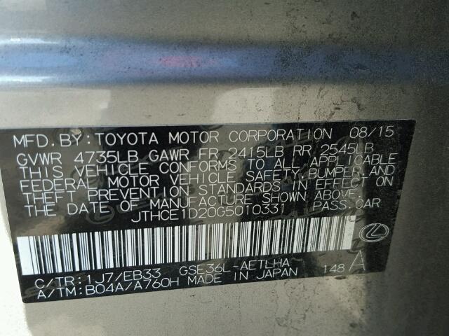 JTHCE1D20G5010331 - 2016 LEXUS IS 350 GRAY photo 10