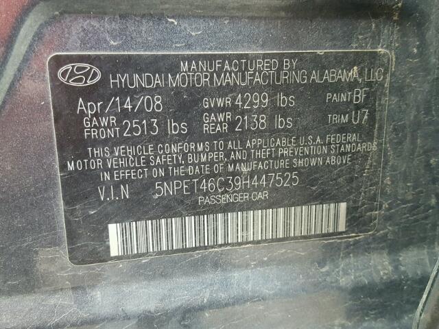 5NPET46C39H447525 - 2009 HYUNDAI SONATA GLS GRAY photo 10