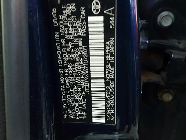 JTDBT923671072871 - 2007 TOYOTA YARIS BLUE photo 10