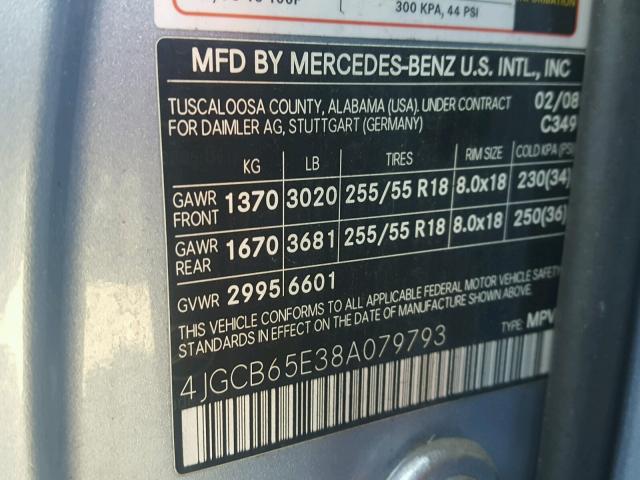 4JGCB65E38A079793 - 2008 MERCEDES-BENZ R 350 BLUE photo 10