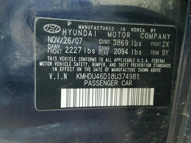 KMHDU46D18U374981 - 2008 HYUNDAI ELANTRA GL BLUE photo 10