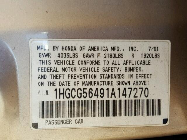 1HGCG56491A147270 - 2001 HONDA ACCORD LX GOLD photo 10