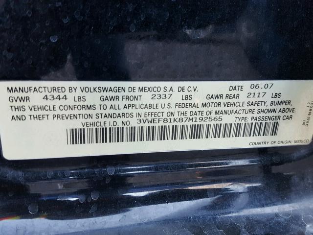 3VWEF81K87M192565 - 2007 VOLKSWAGEN JETTA WOLF BLACK photo 10