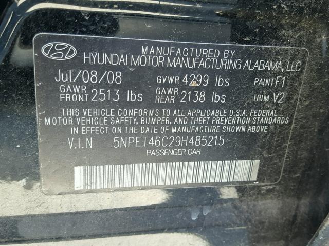 5NPET46C29H485215 - 2009 HYUNDAI SONATA GLS BLACK photo 10