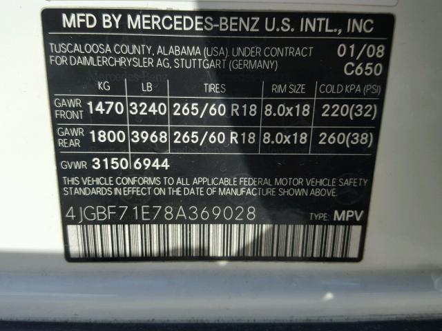 4JGBF71E78A369028 - 2008 MERCEDES-BENZ GL 450 4MA WHITE photo 10