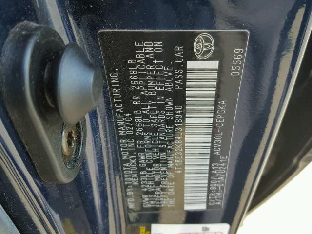 4T1BE32K84U318940 - 2004 TOYOTA CAMRY LE 蓝色 照片 10