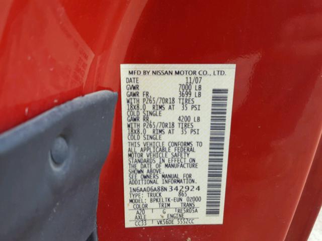 1N6AA06A88N342924 - 2008 NISSAN TITAN XE RED photo 10