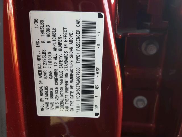 1HGCM56376A067988 - 2006 HONDA ACCORD SE MAROON photo 10