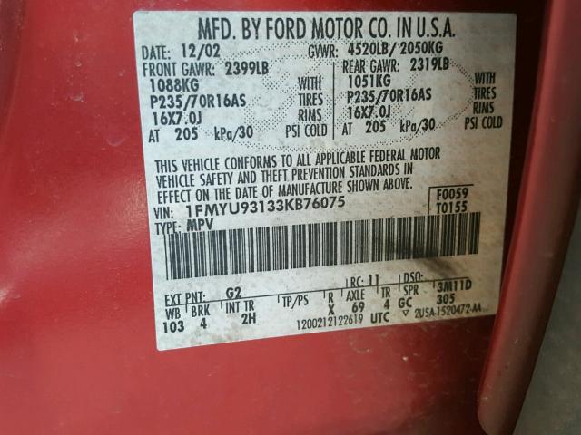 1FMYU93133KB76075 - 2003 FORD ESCAPE XLT RED photo 10