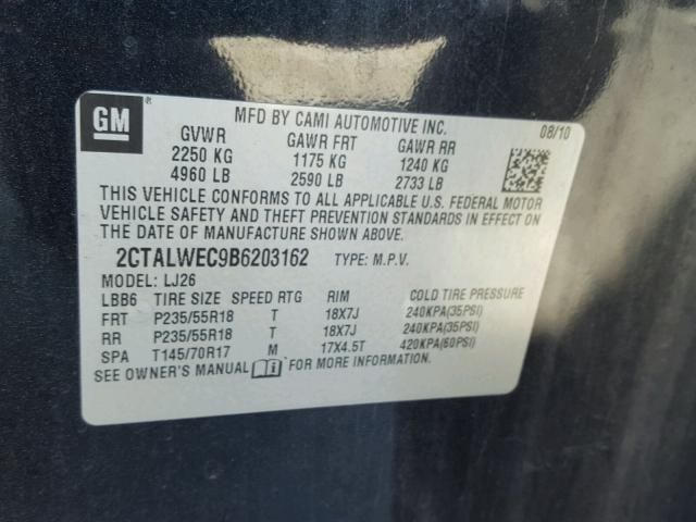 2CTALWEC9B6203162 - 2011 GMC TERRAIN SL BLACK photo 10