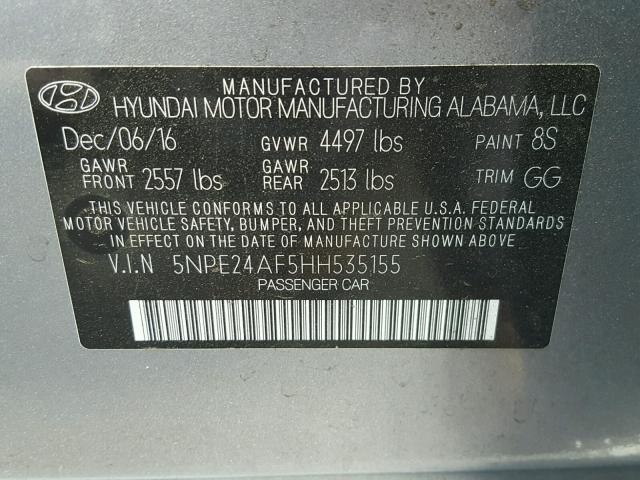 5NPE24AF5HH535155 - 2017 HYUNDAI SONATA SE GRAY photo 10