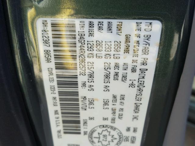 1B4GP44RX2B625732 - 2002 DODGE GRAND CARA GREEN photo 10